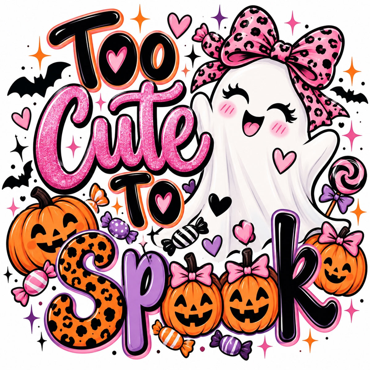 Too Cute to Spook — Pink Bow Ghost Halloween design