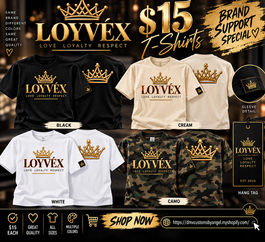 LOYVÉX signature T-shirt $15 brand support special in black, cream, white and camo