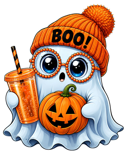 Cute ghost wearing an orange BOO beanie, holding a pumpkin and orange drink