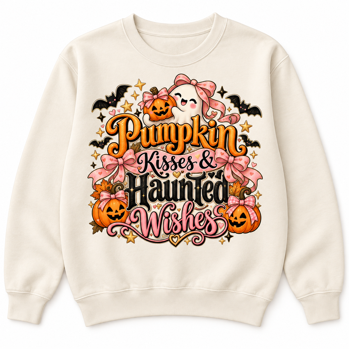 Pumpkin Kisses & Haunted Wishes crewneck product mockup