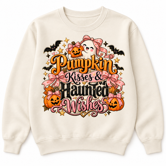 Pumpkin Kisses & Haunted Wishes crewneck product mockup