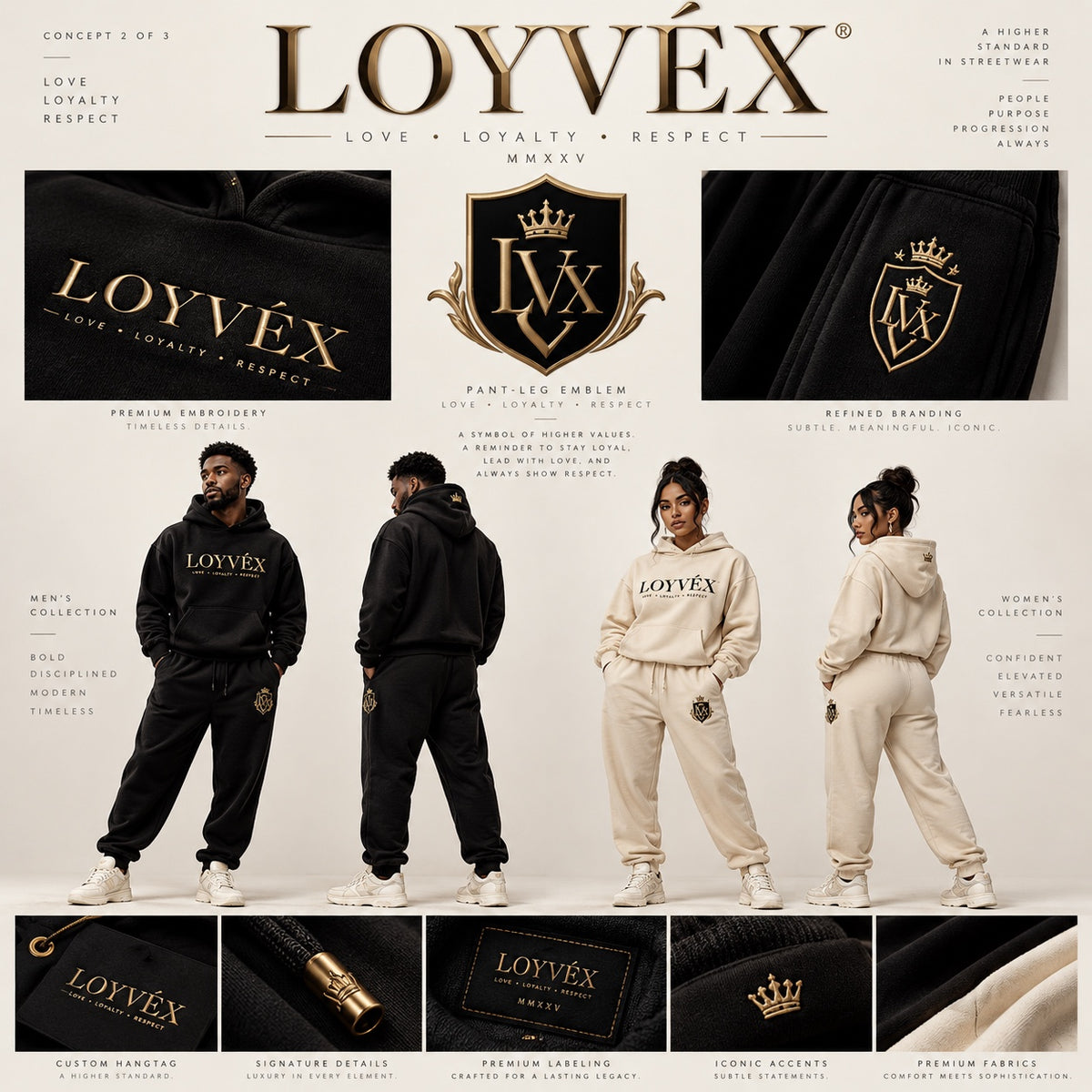 LOYVÉX black and gold collection, Love Loyalty Respect, matching black and cream streetwear sets