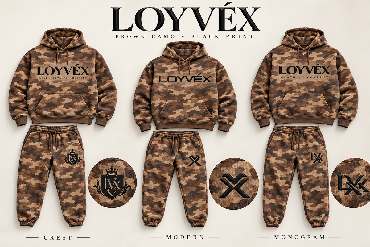 Brown camo digital concepts showing all three logo styles in black.