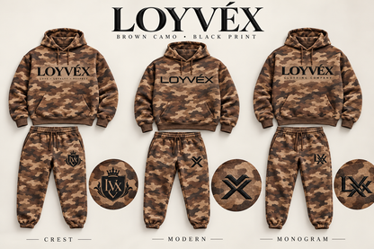 Brown camo digital concepts showing all three logo styles in black.